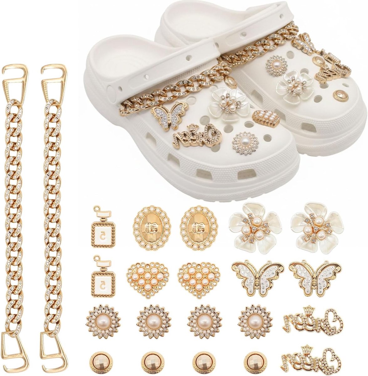 Set van 22 Schoen Charms, Sprankelende Crystal Diamant Versieringen met Vlinder, Bloem en Hart, Glitterende Schoenaccessoires voor Vrouwen en Meisjes