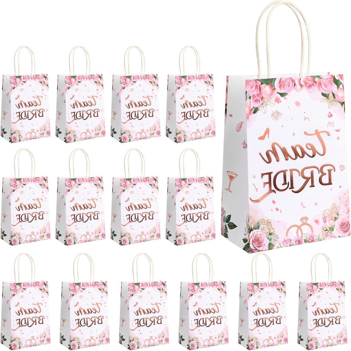 15 Stuks Bruidsfeest Cadeau Tassen met Handvat, Roze Gouden Bloemen Papieren Tassen voor Huwelijk en Bruiloft Babyshower