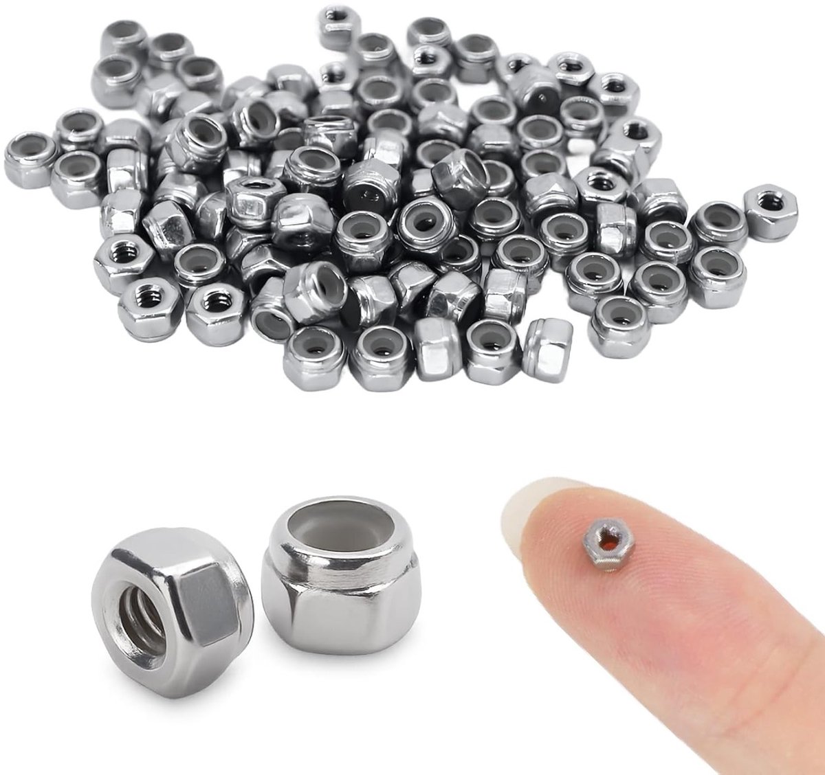 Set van 100 zelfvergrendelende moeren van roestvrij staal met nylonring - Hexagonaal, trillingsbestendig en corrosiebestendig voor machines, voertuigen en doe-het-zelf projecten