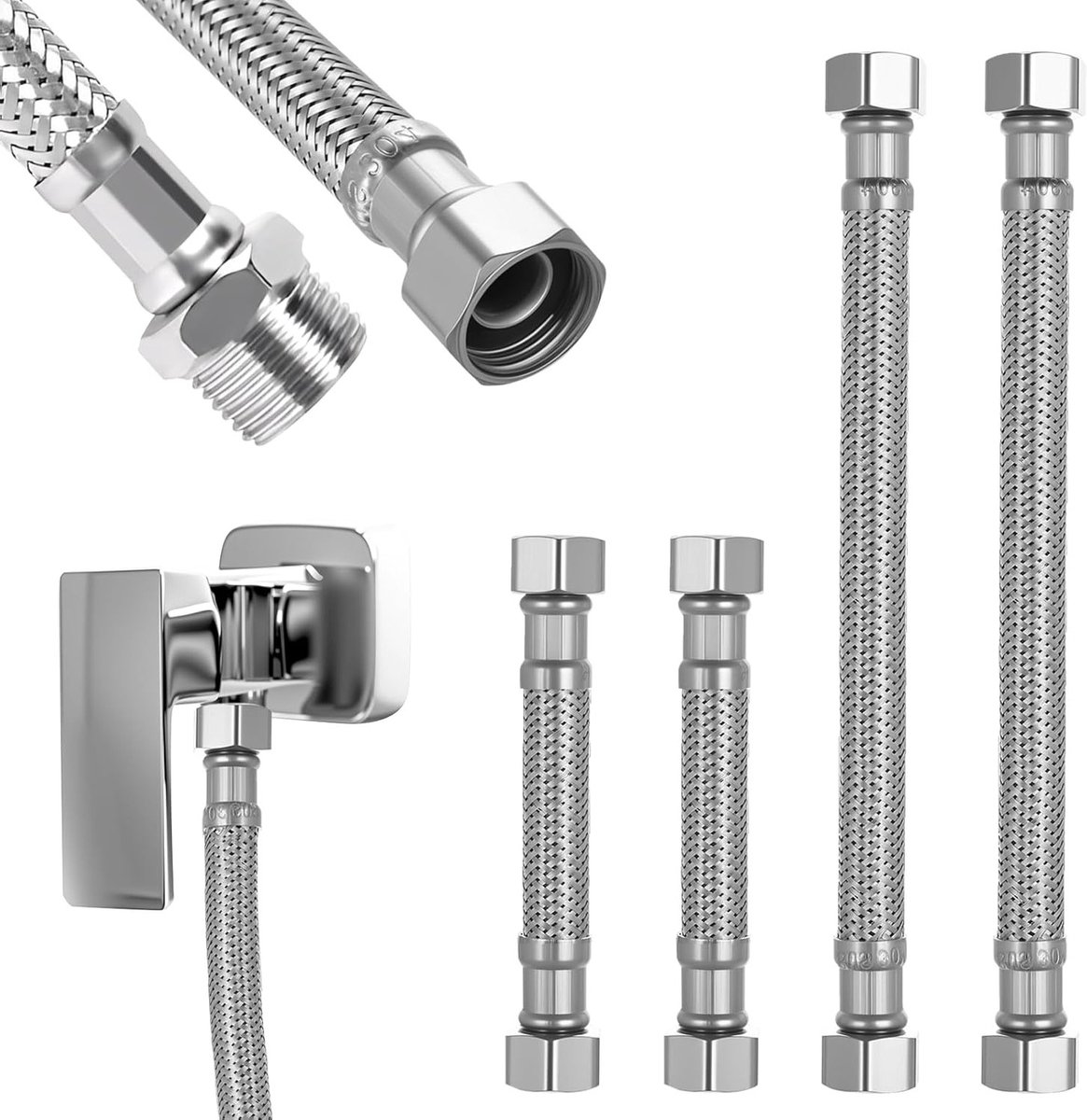 Set van 4 Flexibele Aansluitingen voor Keuken- en Badkamerspuiten, RVS 3/8 BSP, Slangen van 10cm en 20cm voor Mengkranen en Afvoeren