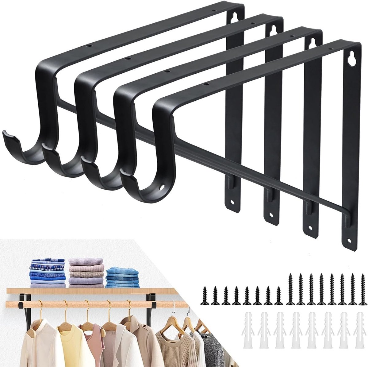 4 Pack 275mm Zwarte Plankdragers, Metalen Hoeksteunen voor Muurmontage, Zware Belasting tot 130kg, Ideaal voor Hoekplanken en Opslagoplossingen