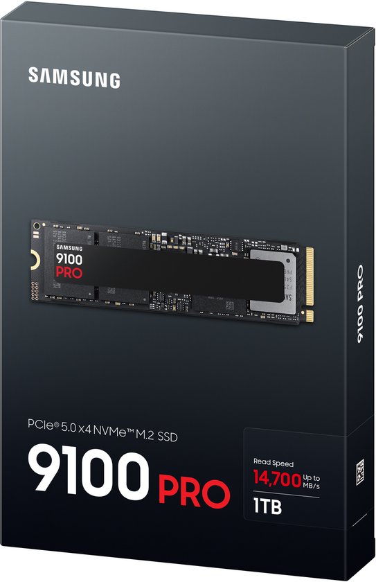 Doos van Samsung 9100 PRO PCIe 5.0 NVMe M.2 SSD 1TB, met productdetails en afbeelding.