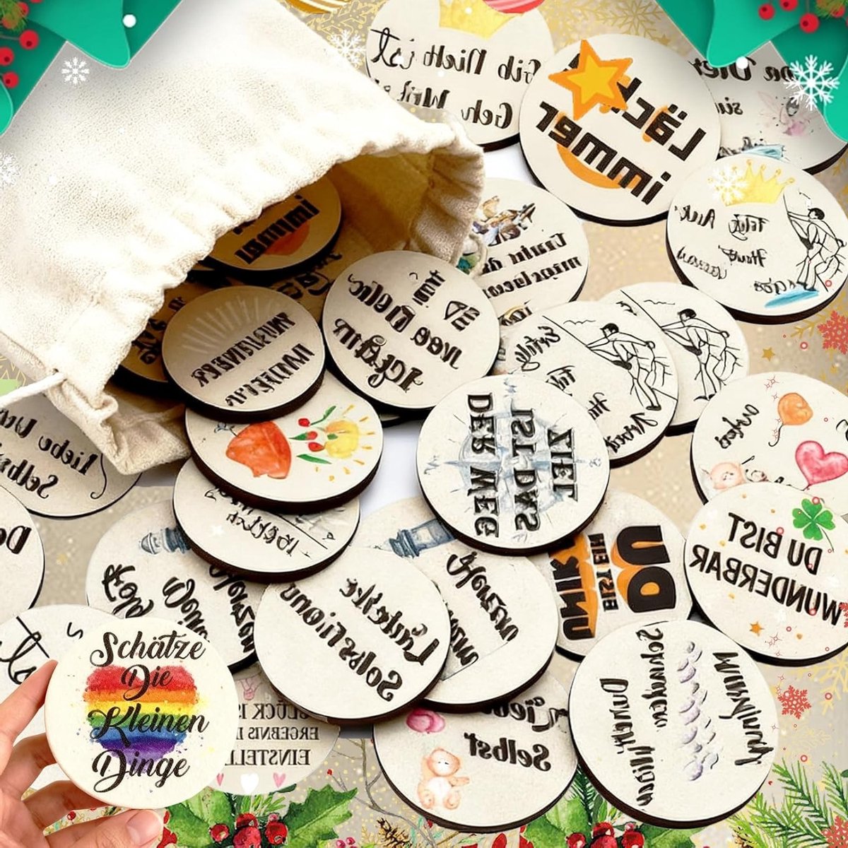 24 Stuks Houten Geluksamulet - Inspirerende Cadeaus voor Geluk en Blijdschap - Decoratie voor Tafel en Nieuwjaarsviering 2026