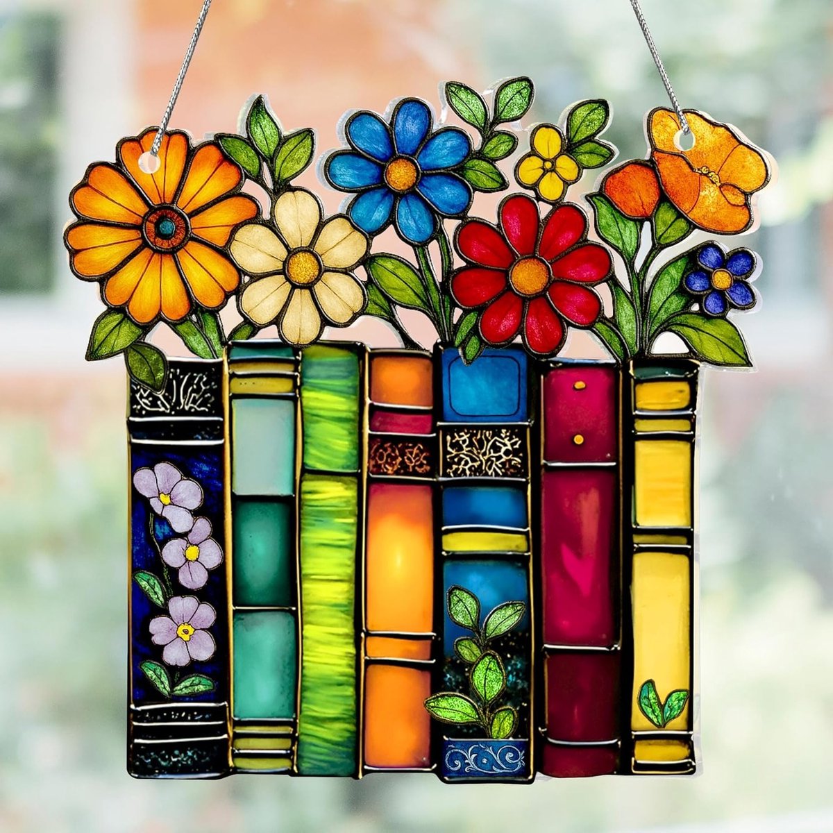 Gekleurde glas boekversiering als zonnevanger, unieke raamdecoratie voor boekenliefhebbers, perfect als cadeau voor bibliothecares en lezers
