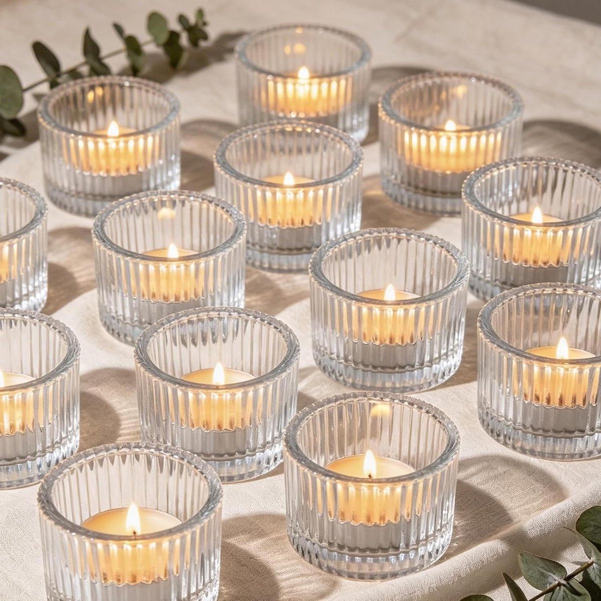 Theelichthouders Set - Glazen Kandelaars - Sfeervolle Decoratie - Vintage Gestreepte Stijl - 12 Stuks - Transparant
