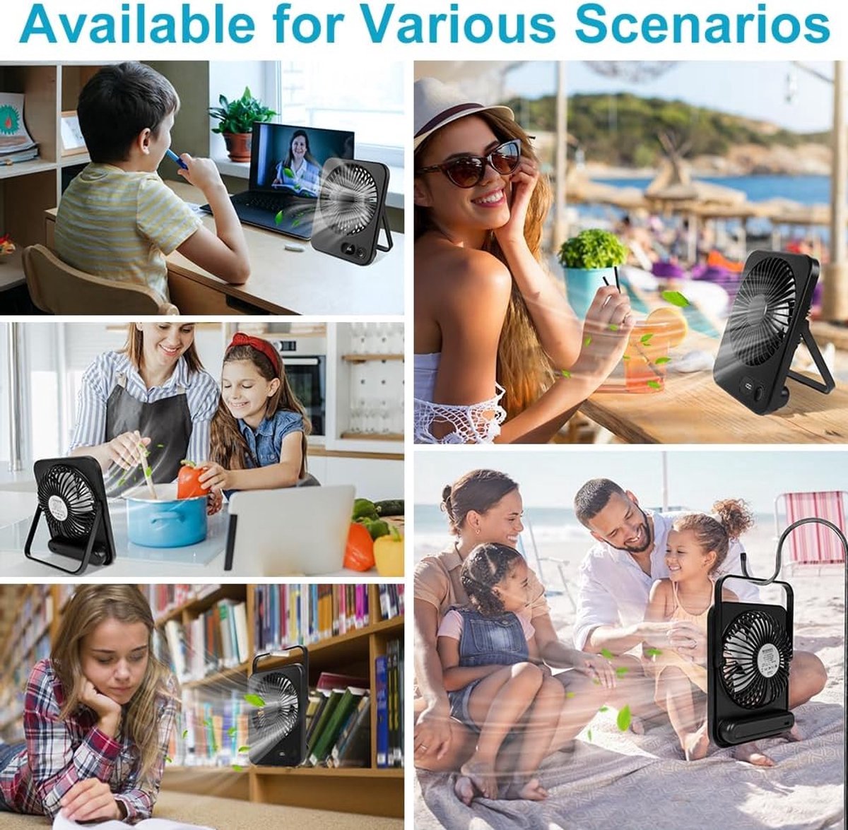 USB-bureauventilator - Mini Tafelventilator - Ventilator Oplaadbaar - Vloerventilator met 5 Standen - met LED-display - Zwart