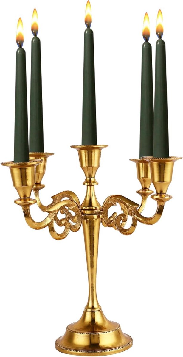 Kandelaar Vijf Armen - Tafeldecoratie - Sfeerverhogend - Handgemaakt Uniek - 28 cm Hoog - Goud
