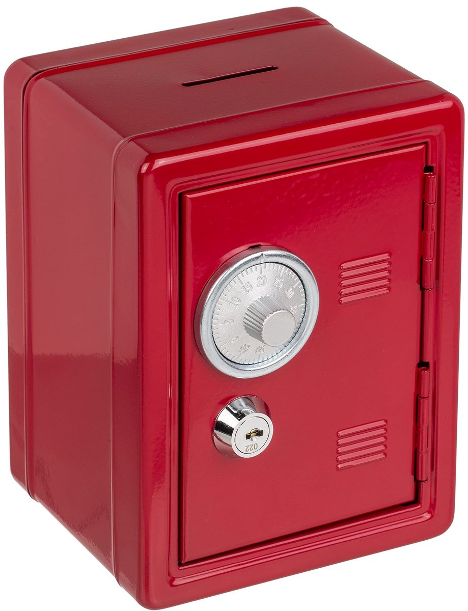 JHUBERS- Spaarpot Kluis - Rood Gelakt Metaal - Combinatieslot/Sleutel - Uittrekbare Muntenlade - Inwerpopening Boven - Afmetingen 16 x 11,5 x 10 cm