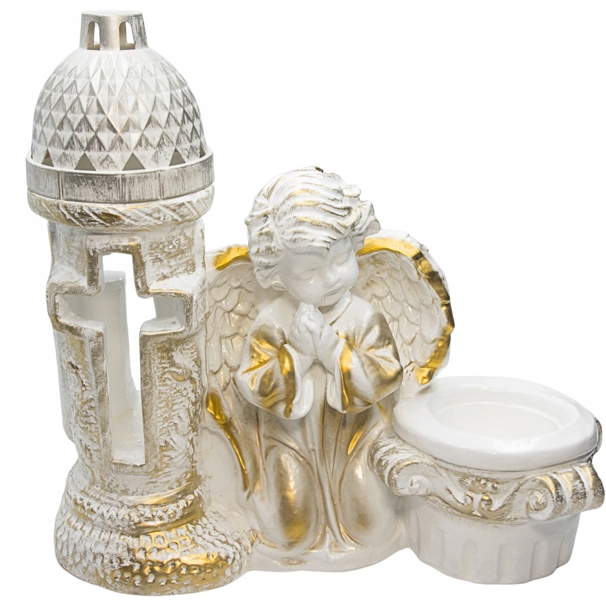 Gipsen Engel met Lantaarn en Plantenbak - Gouden Decoratie
