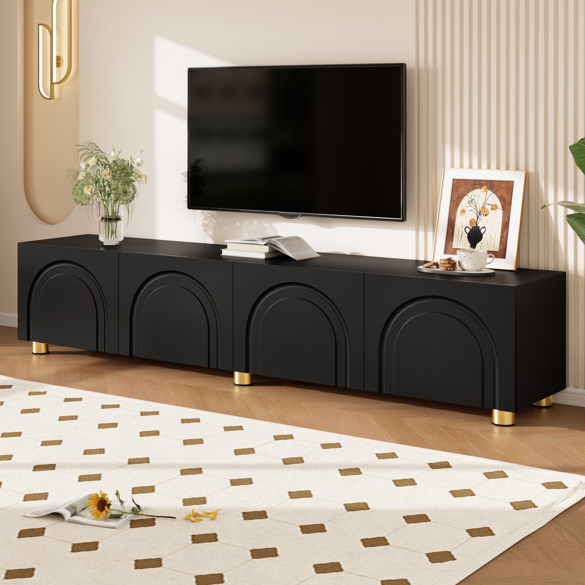 MODENUIT Tv-Meubel - 4 Deuren Met Boogreliëf - Opbergkast Voor Woonkamer - MDF En Spaanplaat - 180x35x40 Cm Zwart