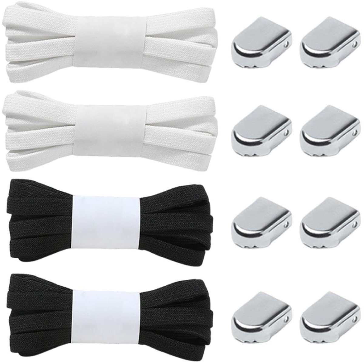 JHUBERS- Elastische Veters 1 Meter - 4 Paar - Metalen Gespen - Comfortabele Pasvorm - Praktische Schoenaccessoires - Wit/Zwart - Schoenveters