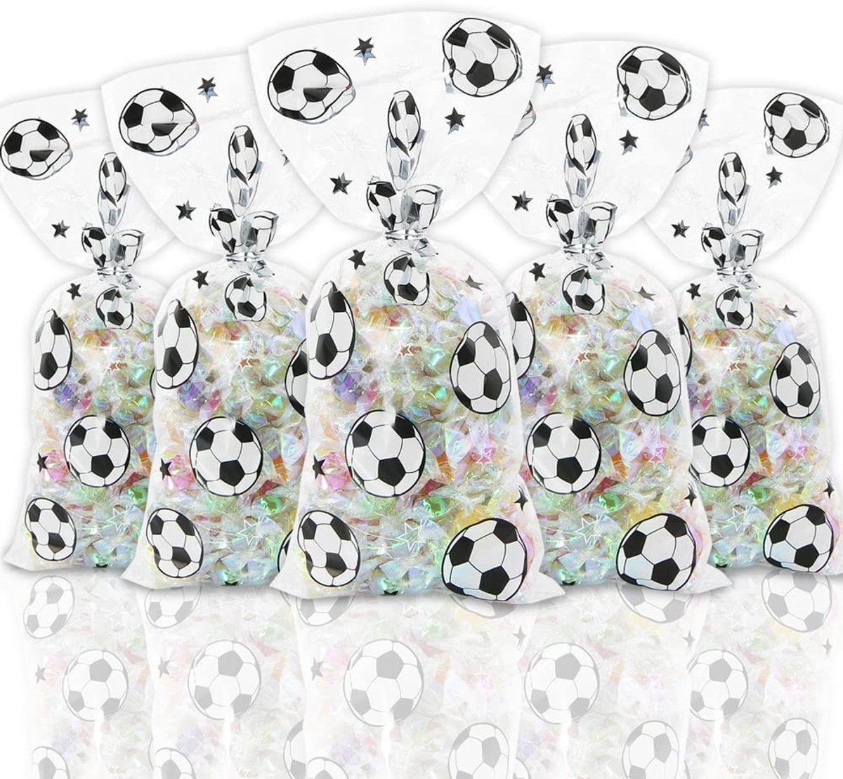 JHUBERS- Geschenkzakjes Voetbalthema - 100 Stuks - Cellofaanzakjes - Feestzakjes - Goodiebags - Verjaardagsbenodigdheden 12,5 x 27,5 cm - Traktatiezakjes