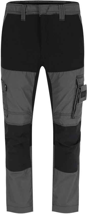 Werkbroek in grijs en zwart met cargo zakken.