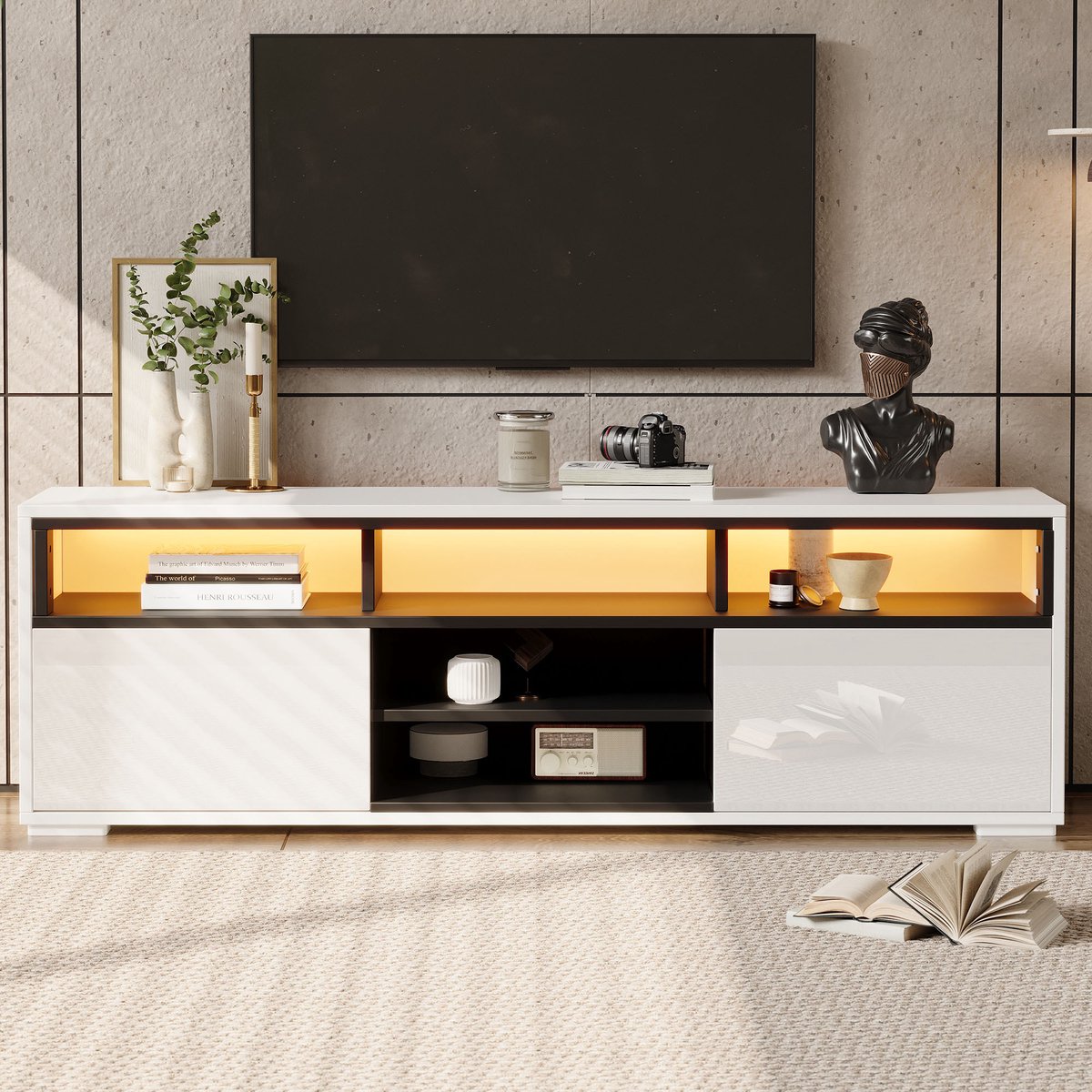 HAUSS SPOLE Tv Meubel - Hoogglans Met Led Verlichting En Opbergruimte - Voor Kleine Woonkamer - Spaanplaat - 150x35x50 Cm - Wit