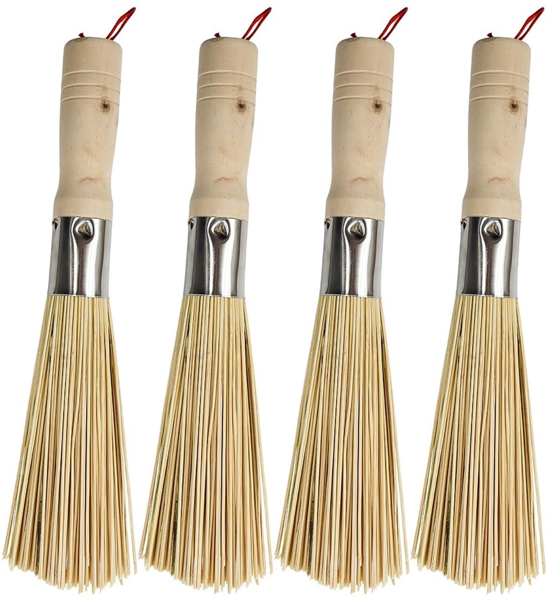 Dailygoods- Wokborstels 4-pack - Natuurlijke Bamboe - Keukenreinigingsborstel - Voor Vaatwerk en Gietijzeren Potten - Milieu-vriendelijk - Perfecte Reiniging van Hete Plekken - Potborstel