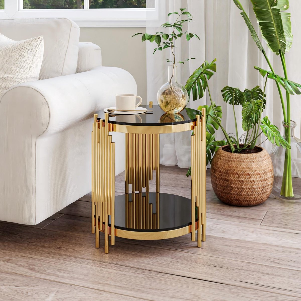 MODFU Bijzettafel - Rond - 2 Niveaus - Modern - Voor Woonkamer Of Slaapkamer - Gehard Glas En Roestvrij Staal - Zwart En Goud Zwart+Goud