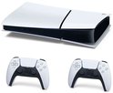 PlayStation 5 Digital Edition console in liggende stand, met twee witte DualSense-controllers ervoor.