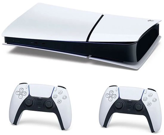 PlayStation 5 Digital Edition console in liggende stand, met twee witte DualSense-controllers ervoor.