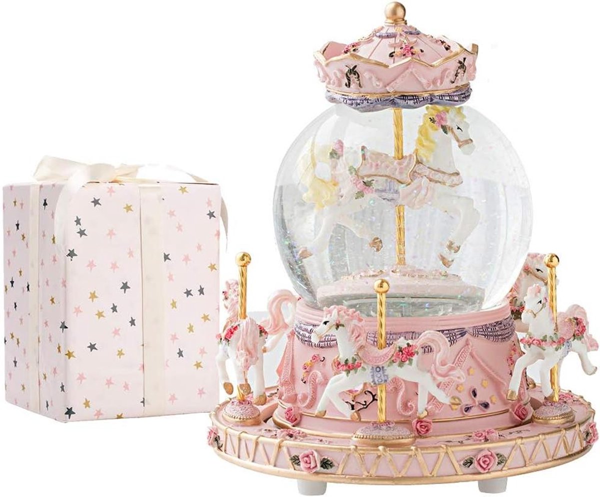 Muziekdoos Carrousel - Sneeuwbol Paarden - Decoratief Cadeau - Kleur veranderende LED - 1.2 Kilogram - Zachtroze Goud
