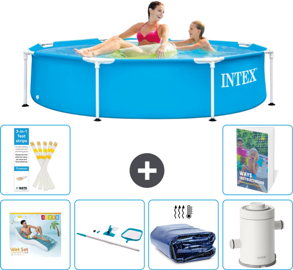 Intex Rond Frame Zwembad - 244 x 51 cm - Blauw - Inclusief Loungebed - Schoonmaakset - Solarzeil - Zwembadfilterpomp - 7-delig