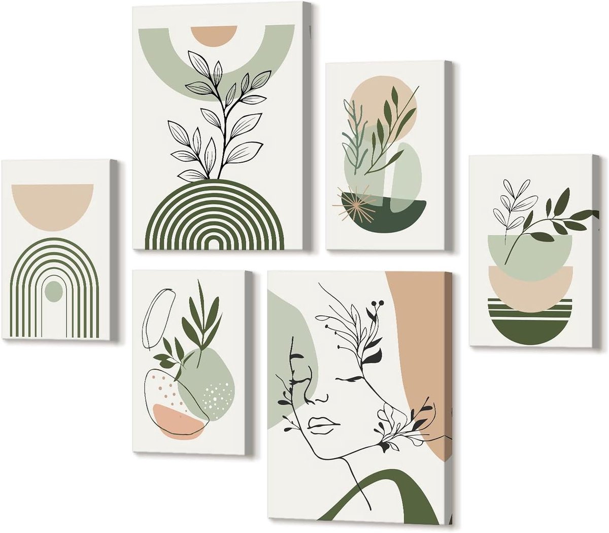Canvas Wanddecoratie Set - Abstracte Prints - Woonkamer Decoratie - Boho Salie Groen Design - 20x30cm & 30x40cm - Groen