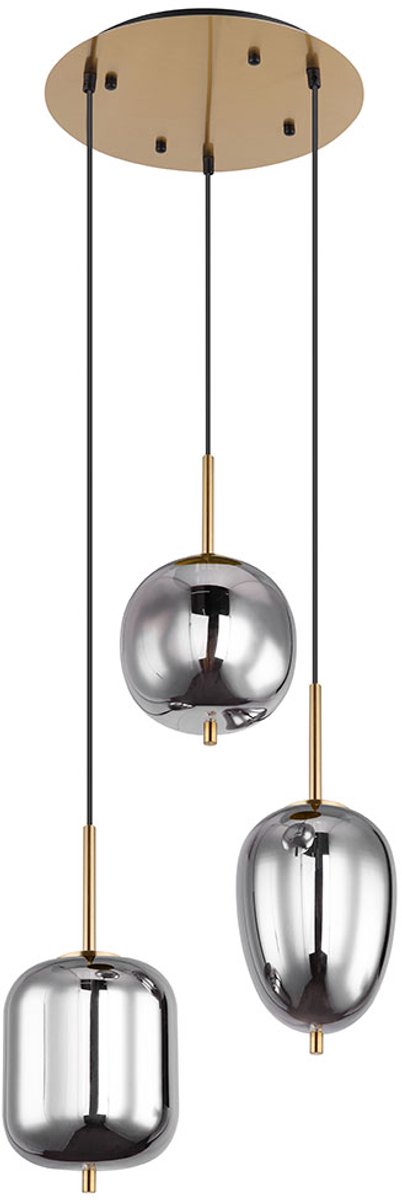 Hanglamp hanglamp glas 3 vlammen lampenkap glas woonkamerlamp messing, metaal glas messingkleurig, 3x E14 fitting, DxH 46x120 cm