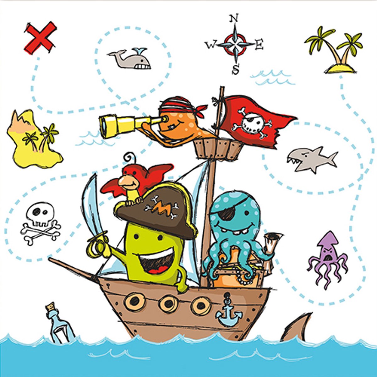 10x 20 Servetten 3-laags 1/4 vouw 33 cm x 33 cm Pirate Crew