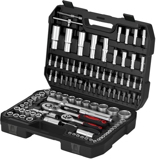 SMH LINE® Jeu de douilles - Jeu de clés à douilles - 108 pièces - Jeu de douilles et d'embouts 1/2", 1/4'' - Mallette à outils - Incl. Mallette