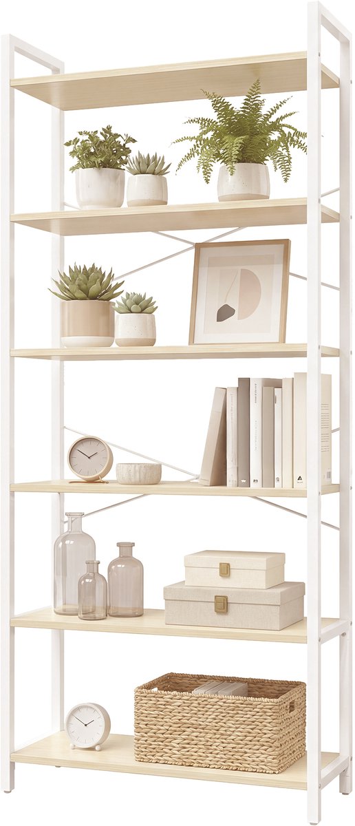 Vasagle Boekenkast - Mit 6 Ebenen - Standregal - Offene Ablagen - Für Wohnzimmer Büro Schlafzimmer - 30 X 64 X 185 5 Cm - Beige-Weiß Beige-Wit