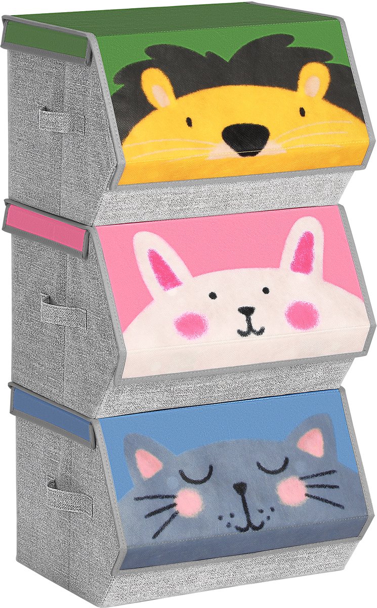 SONGMICS - Kinderkoffer - Opbergboxen 3-delig - Stoffen Boxen met Handgrepen - Magnetisch Deksel - Diermotief