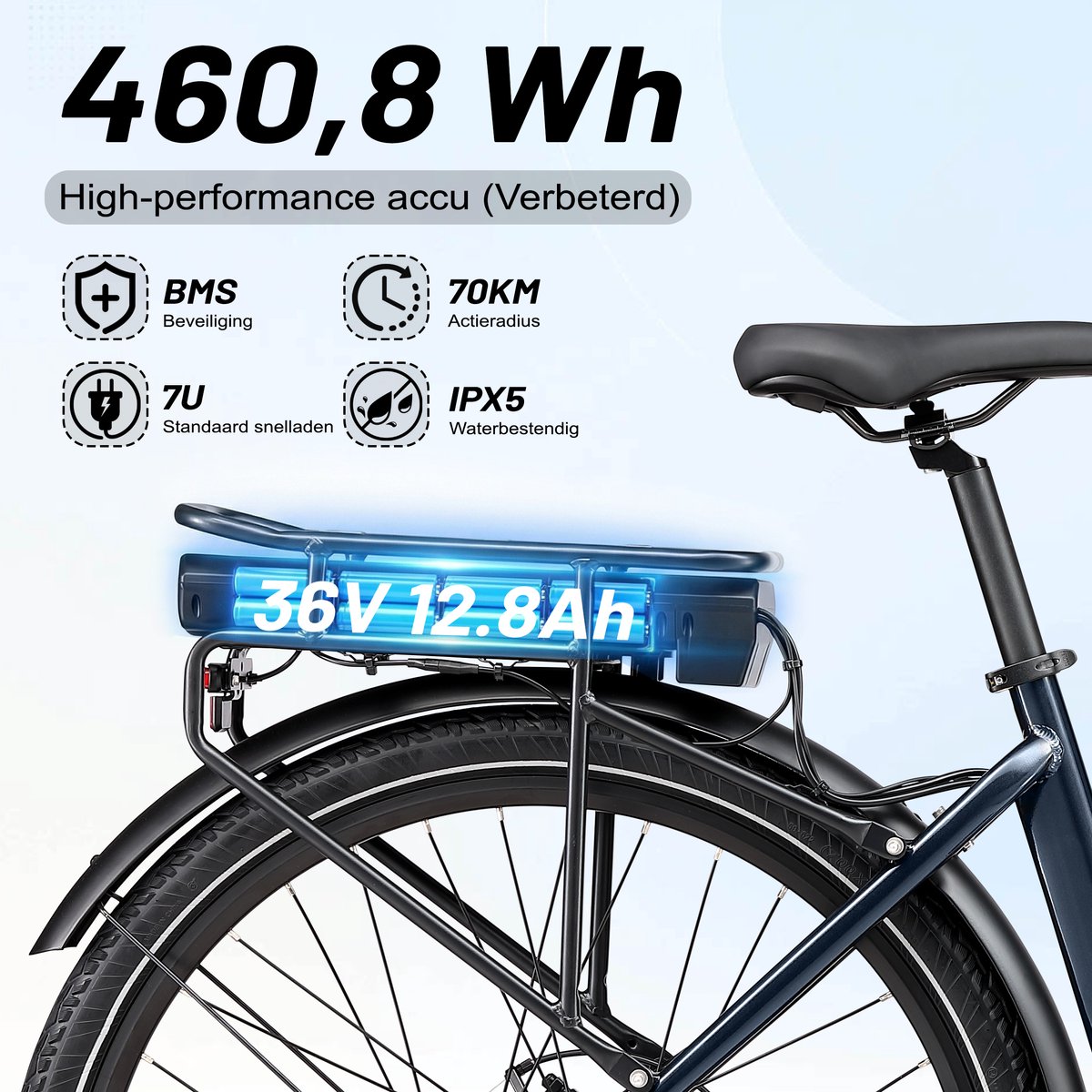 Maxtron Urban7 Elektrische Fiets – 700C×50C Banden – 36V 12.8Ah Accu – Actieradius tot 70 km - Mechanische Schijfremmen – Stadsfiets – Max. Belastbaar 120 kg – Blauw thumbnail 4