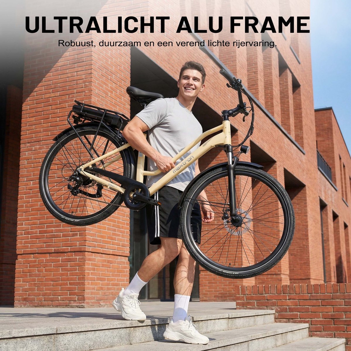 Maxtron Urban7 Elektrische Fiets – 468.8Wh Accu – Actieradius tot 70 km – 27.5×2.0 Inch Banden – Aluminium Verende Voorvork – Shimano RD-M310 Versnellingssysteem – Mechanische Schijfremmen – Stadsfiets – Max. Belastbaar 120 kg – Beige thumbnail 8