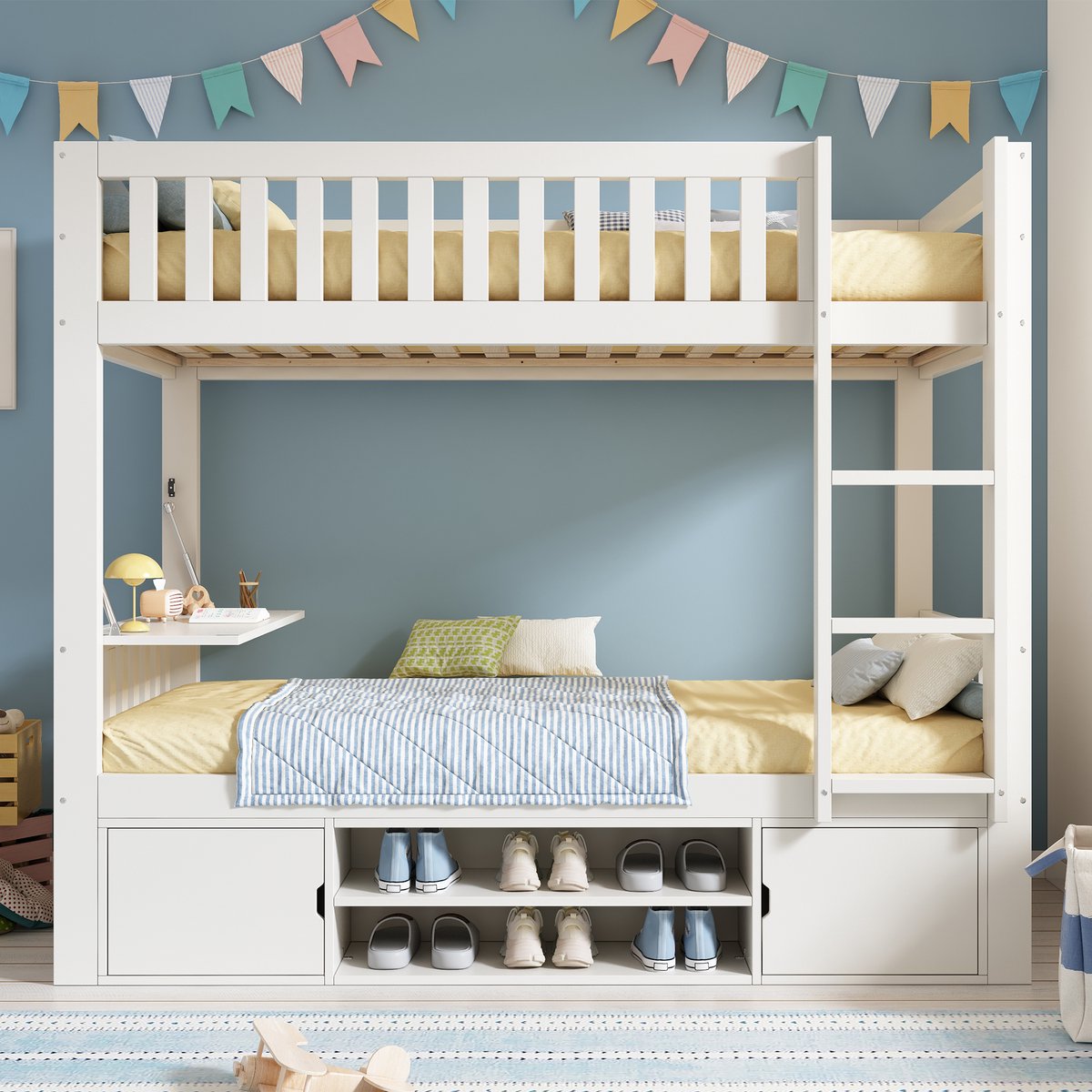 Sweiko Stapelbed - 90 × 200 cm - Met uitklapbaar tafelblad - Schoenenrek - Zonder matras - Kinderbed - Wit