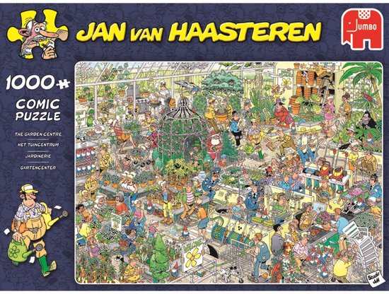 Doos van een 1000-delige Jan van Haasteren puzzel 'Het Tuincentrum'. De afbeelding toont een drukke serre vol mensen, planten en kerstversiering.