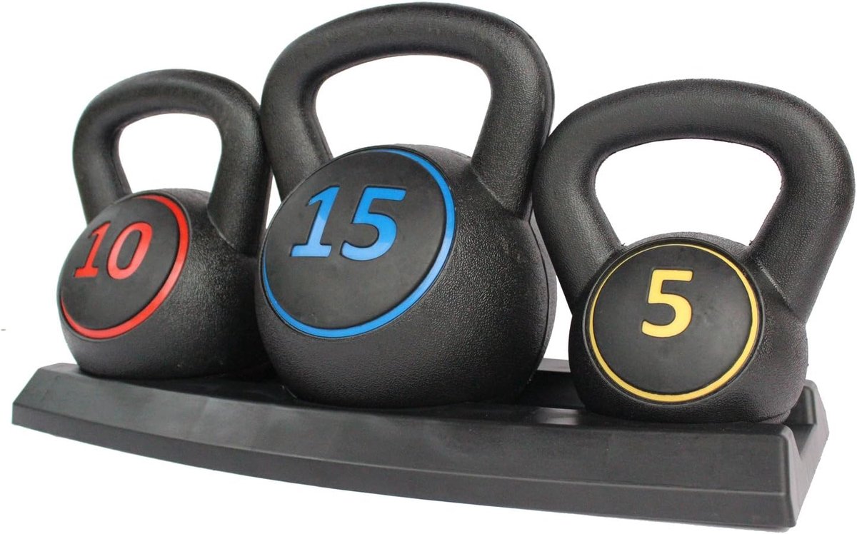 Kettlebell Gewicht Set - Kracht Training Set - Thuis Fitness - Inclusief Opbergrek - Diverse Gewichten - Zwart