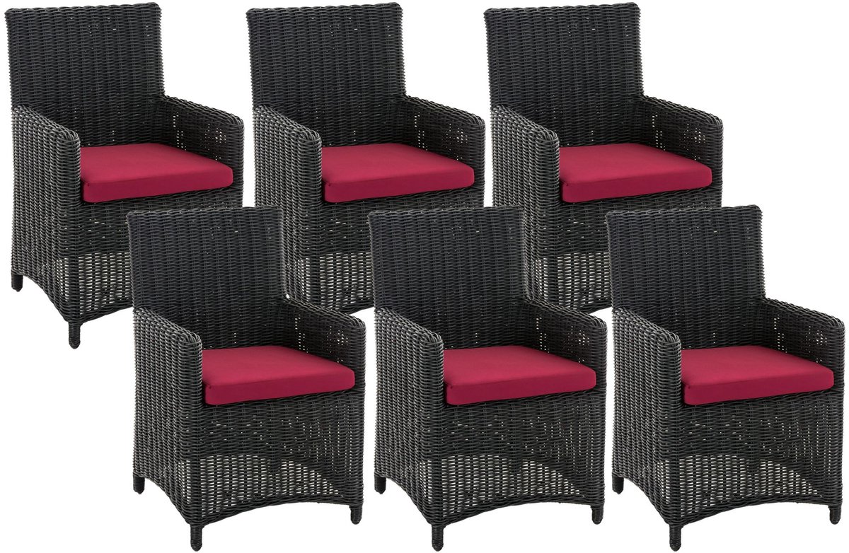 CLP 6-delige tuinstoelenset Fontana - polyrattan stoelen met hoge rugleuning en zitkussens zwart