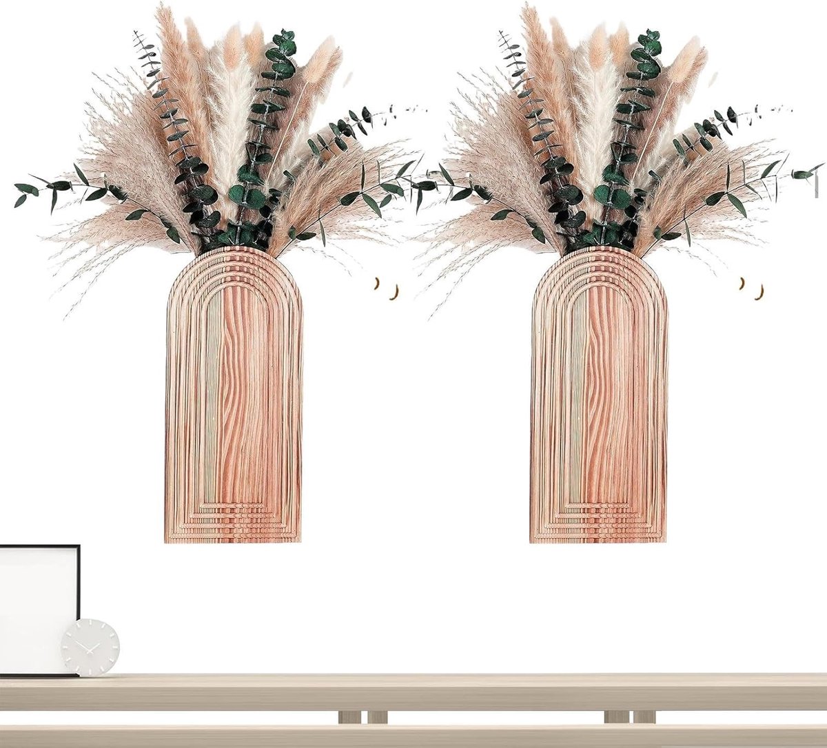 Wandvazen Set - Houten plantenbakken - Woondecoratie - Boho rustiek design - 2 stuks - Houtkleur