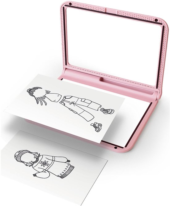 Roze lichttablet opengeklapt met stapel mode-illustraties van Kidywolf.