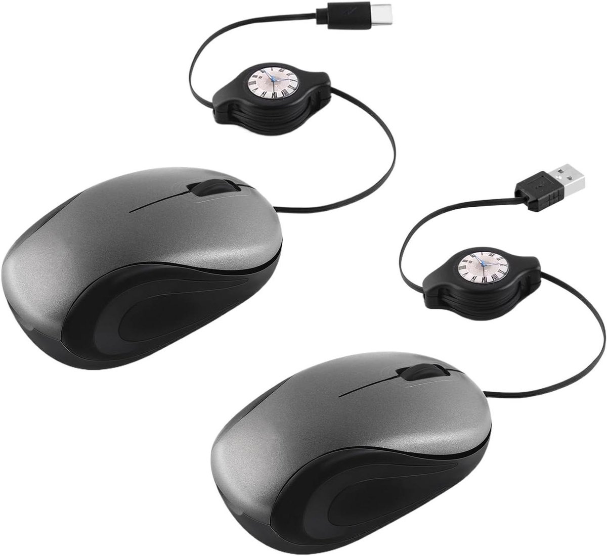 Draadloze Reismuis - Compacte Muis Laptop - Mobiel Werken - Intrekbaar Snoer - 70 cm - Grijs