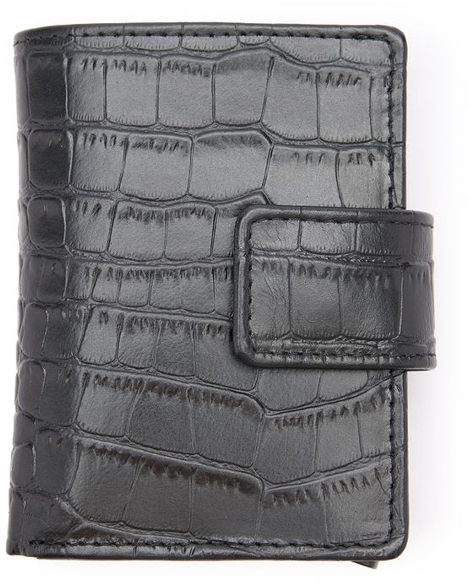 Manfield - Unisex - Zwarte leren croco pasjeshouder - Maat 1