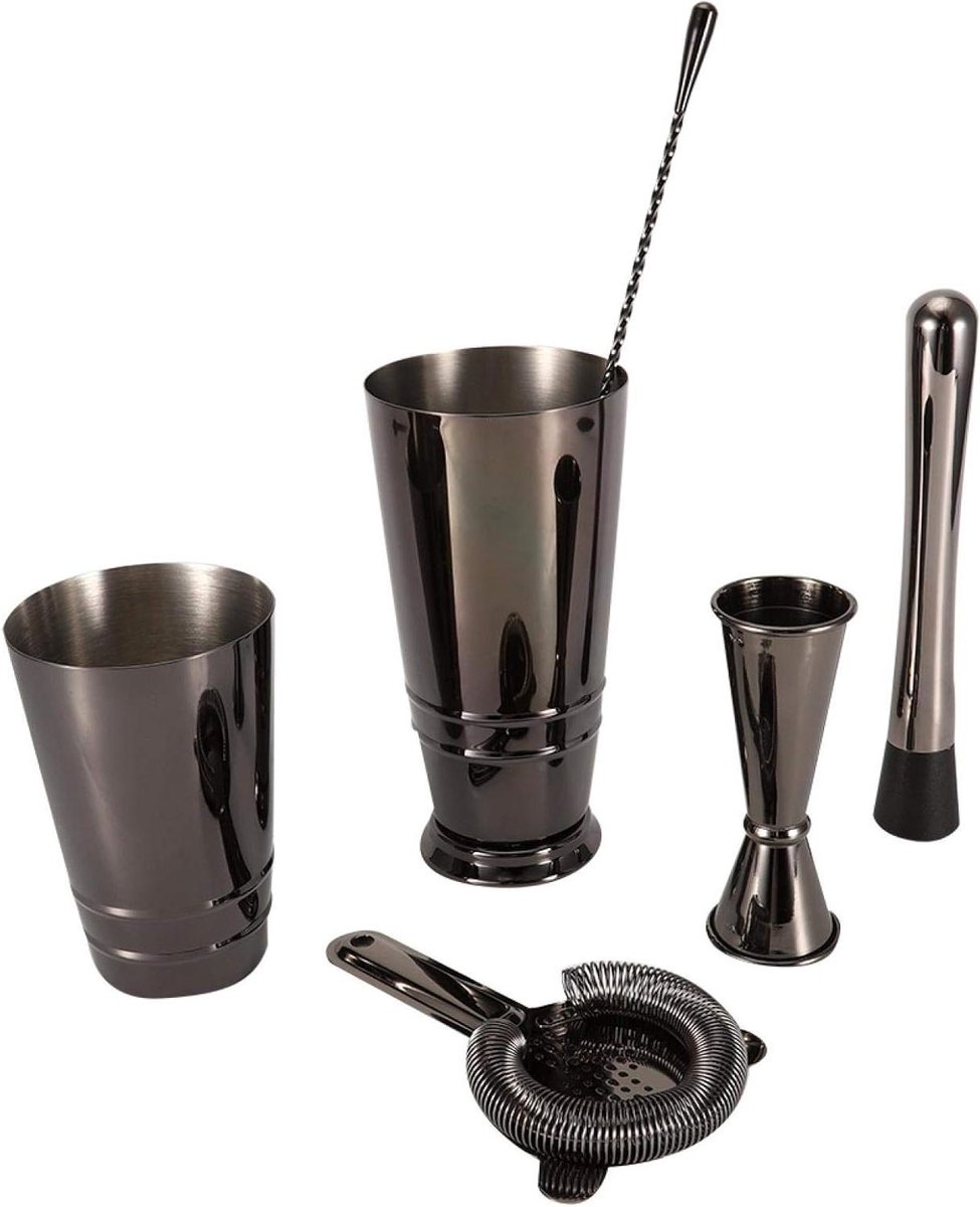 Cocktailshaker Set - Bar Accessoires - Drankjes Maken - Roestvrij Staal - 5 Delig - Zwart