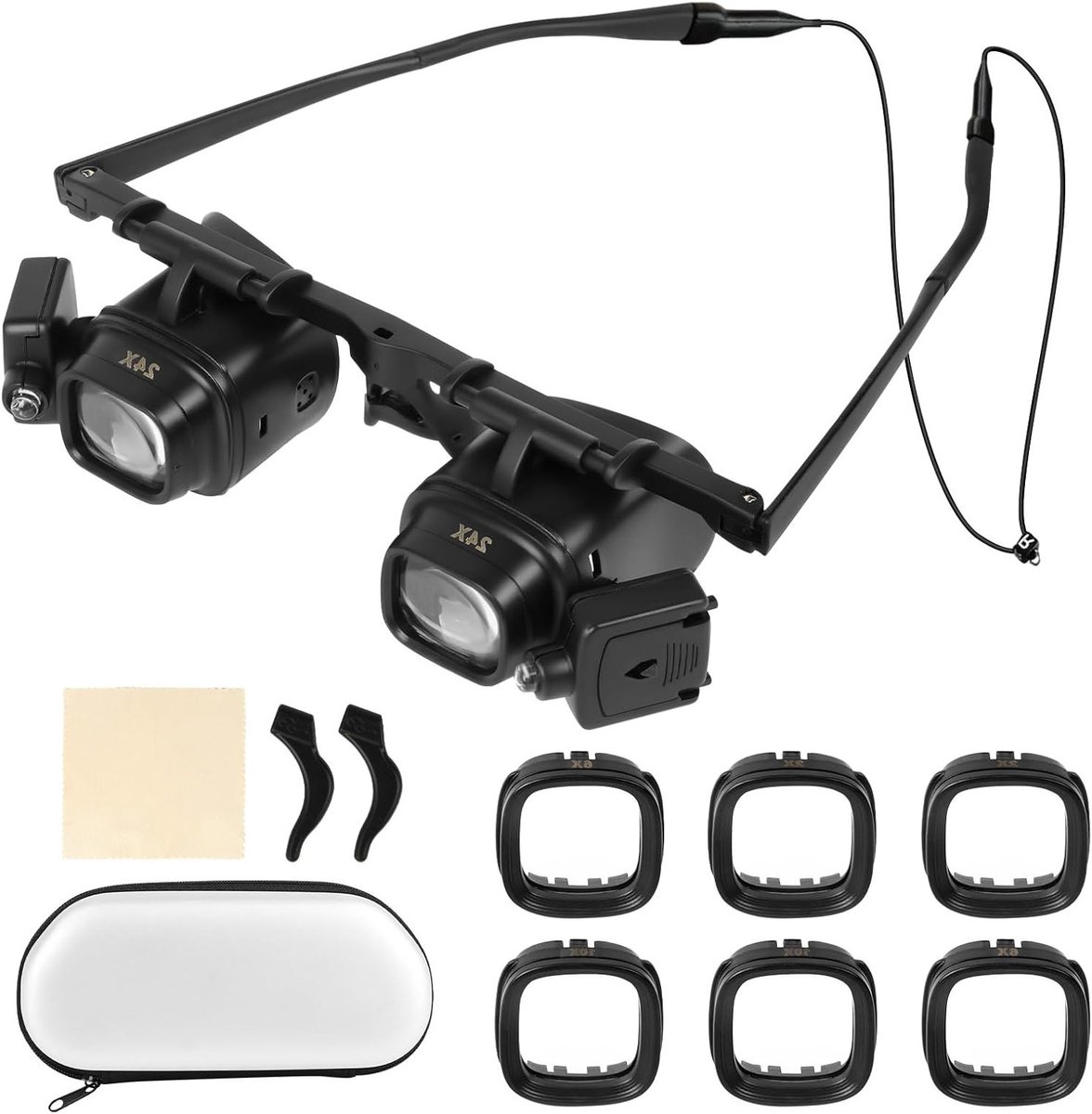 Vergrootglas met Licht, Verstelbare Lens en Lichthoek, Loupe met 4 Verwisselbare Lensen - 2X, 6X, 10X, 24X voor Juweliers, Horlogemakers en Hobbyisten