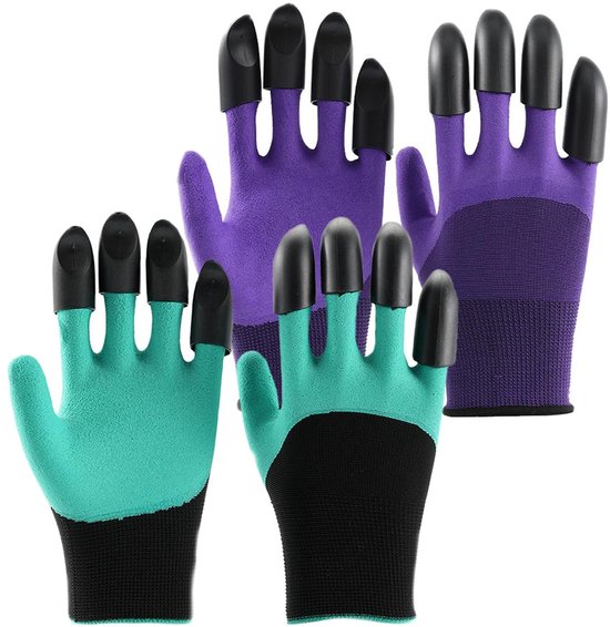 Paarse en turquoise tuinhandschoenen met klauwen en zwarte manchetten.
