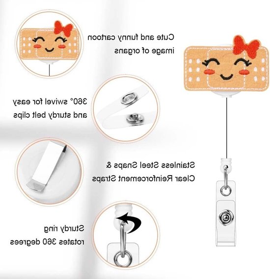 Set van 8 Retractable Badge Reels van Vilt, Schattige ID Badge Houder met Lanyard Clips voor Verpleegkundigen, Artsen en Studenten — afbeelding 2