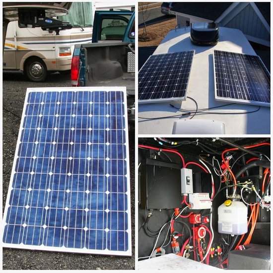 Collage van zonnepanelen: los paneel, panelen op camperdak, bedrading. Donkerblauwe cellen met wit raster.