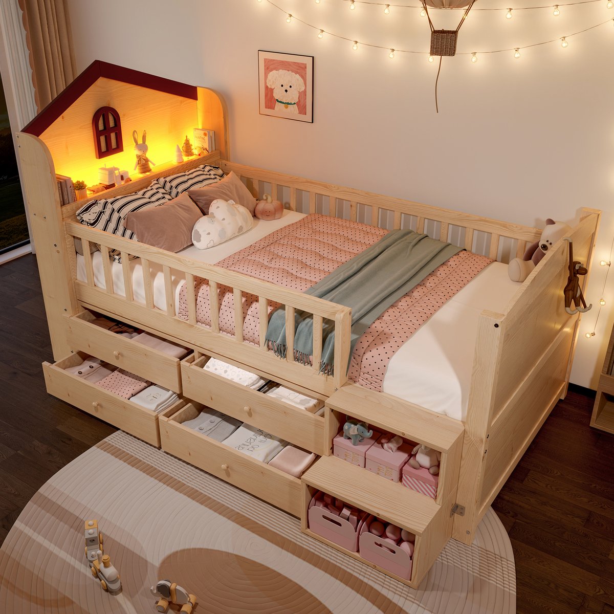 REDOM Halfhoog Kinderbed - Huisvorm Met 4 Laden En Ledverlichting - Kinderkamer - Dennenhout - Naturel - 90 X 200 Cm Natuurlijk