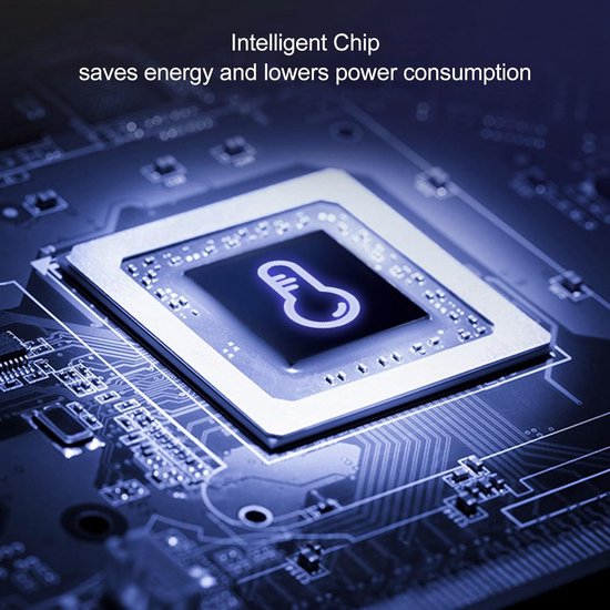 Gedetailleerde close-up van een computerchip met een thermometer-icoon en de tekst 'Intelligent Chip'.