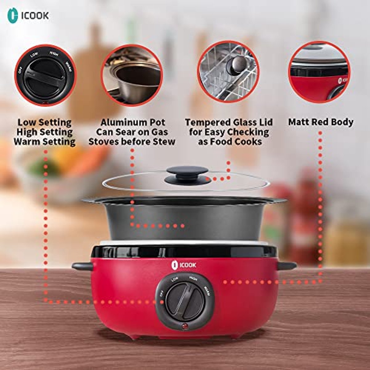 Elektrische Stoofpan - Slowcooker - Gerechten Bereiden - Afneembare Pan - 65 Liter - Rood – foto 2