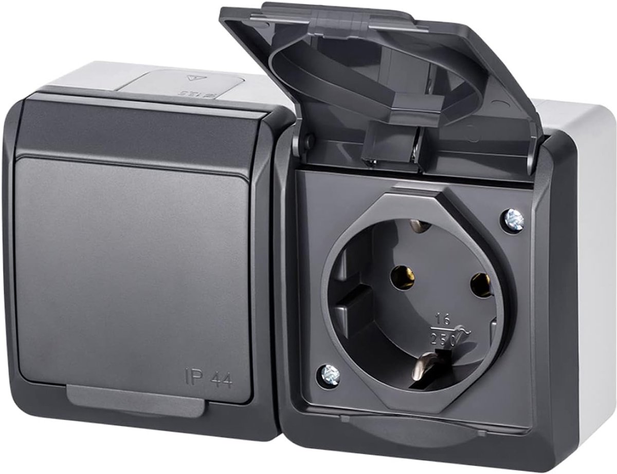 Opbouw stopcontact ELEKTRO-PLAST HERMES 2-voudig IP44 waterdicht antraciet grijs