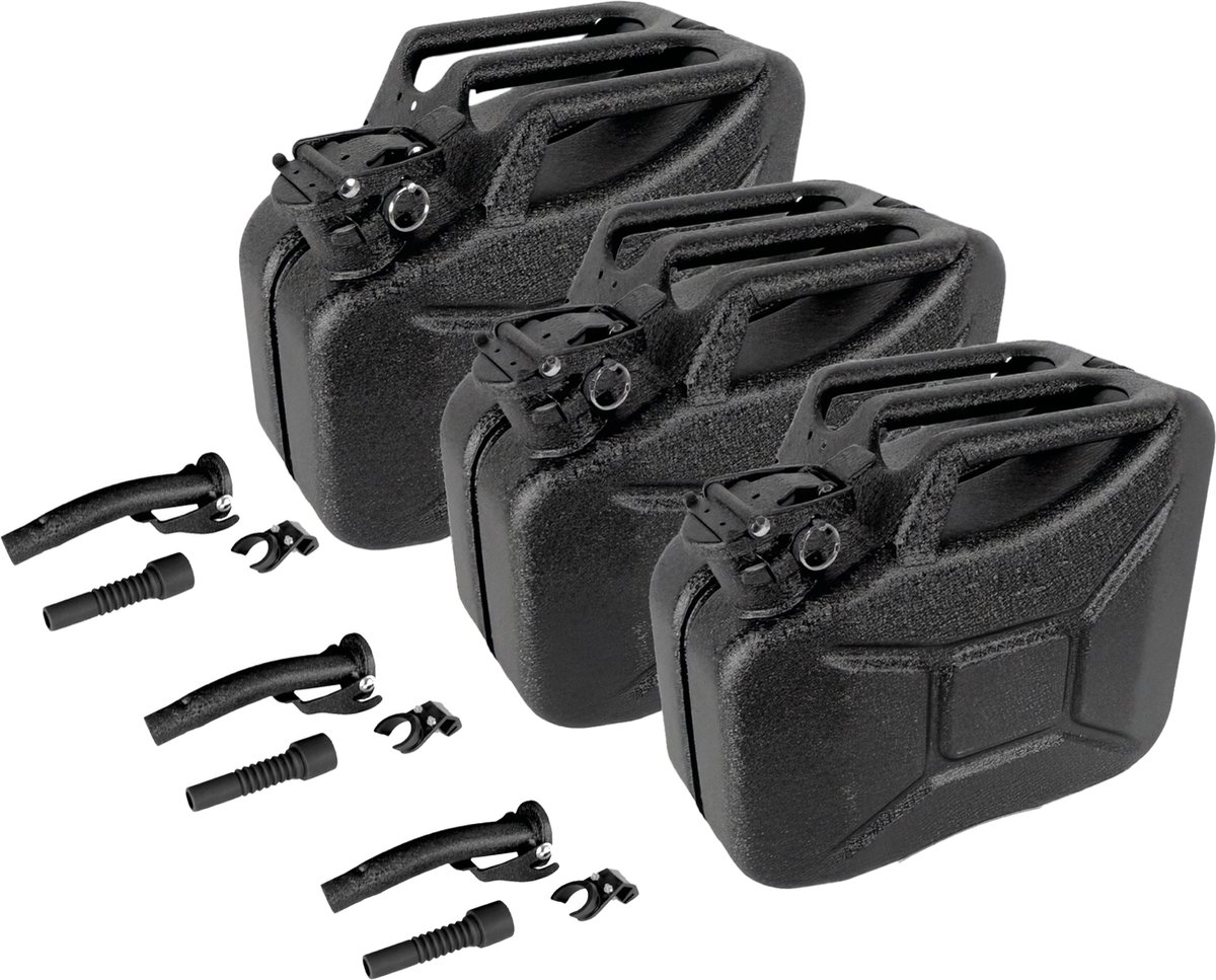 TRUTZHOLM 3x Metalen Jerrycan 10L - Hamerslag Zwart - Met UN-Goedkeuring - Krasbestendig Incl. 3x Schenktuit en Houder